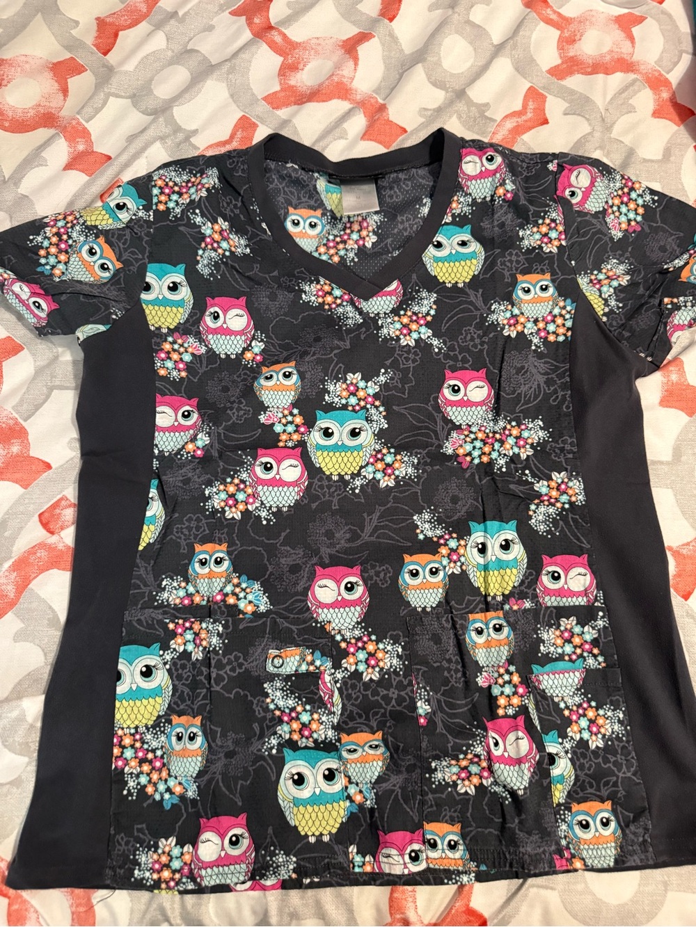Owl Print Short Sleeve Top - dark grey with Multicolor Owls size medium